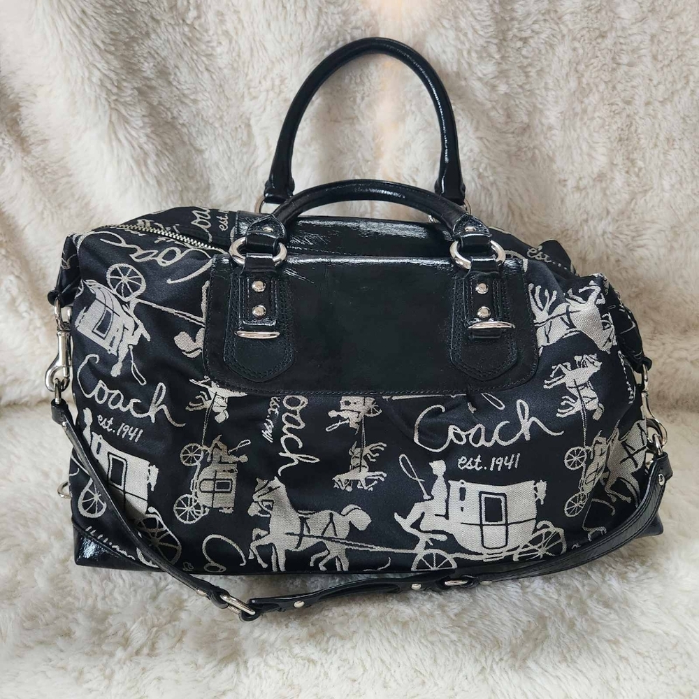 2010 Coach Ashley Horse & Carriage Satchel Black Sateen & Patent Leather - Picture 7 of 13